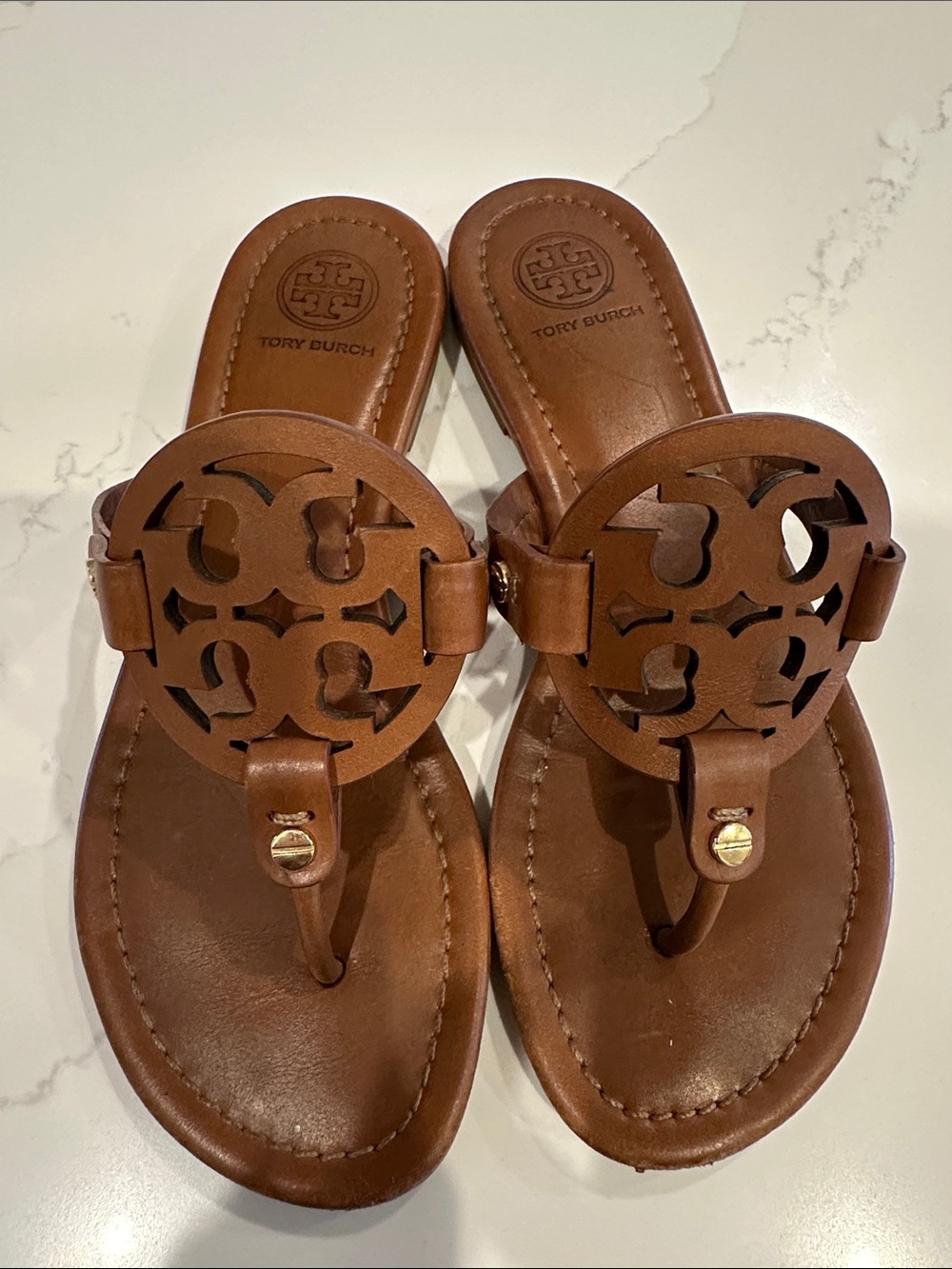 Tory Burch Miller Sandals Vintage Vachetta Calf Leather Size 5.5